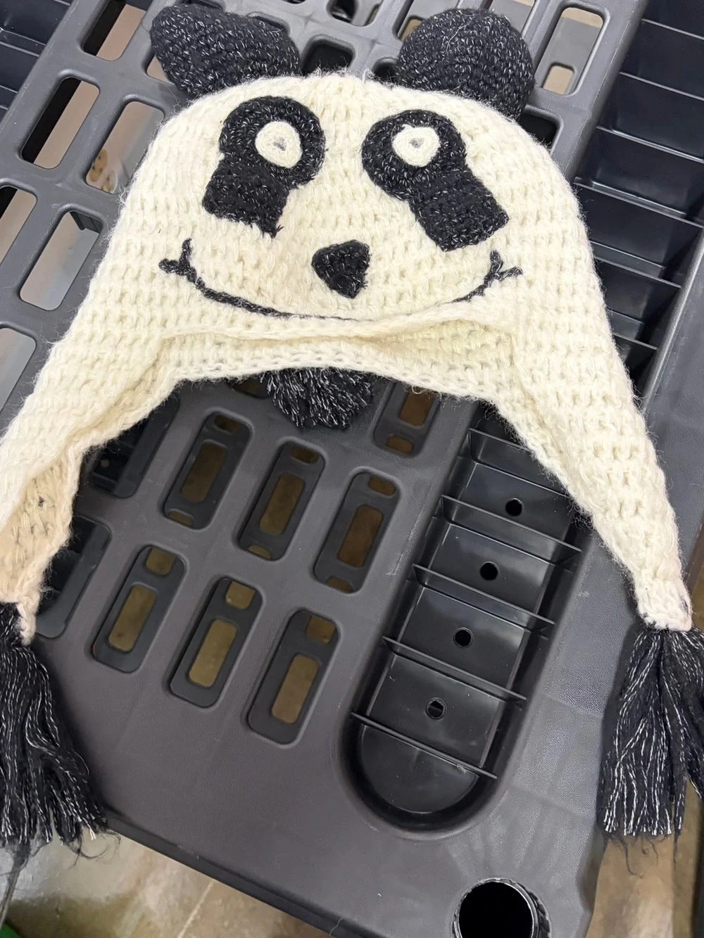 Kids Panda Earflap Knit Hat - Cream and Black